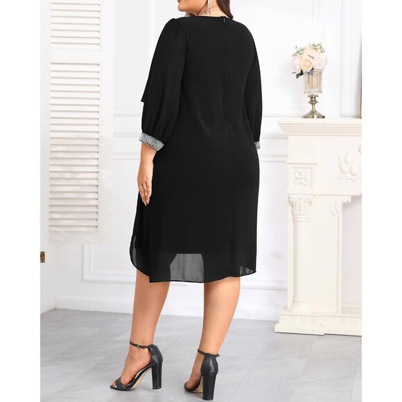 Plus Size Cocktail Dress Chiffon Cape Glitter Evening Party Wedding Guest - Picture 4 of 5